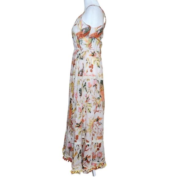 Ranee's Tropical Print Sleeveless Maxi Dress Tiered Pom Pom Trim Women's S/M - Picture 4 of 14